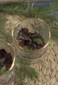 Priežu skuju panna cotta ar melleņu stiklu