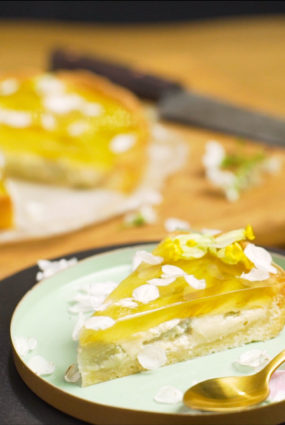 Rabarberu kūka ar gaiļbiksīšu želeju