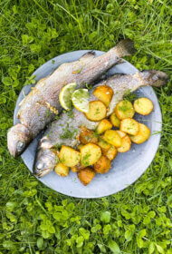 Forele ar zaļumu sviestu un citrusu kartupelīšiem